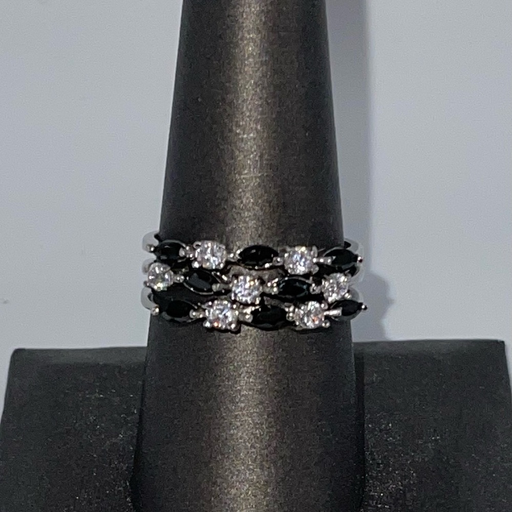 Set of 3 Sterling Silver Stacking rings with Black and Clear CZ stones